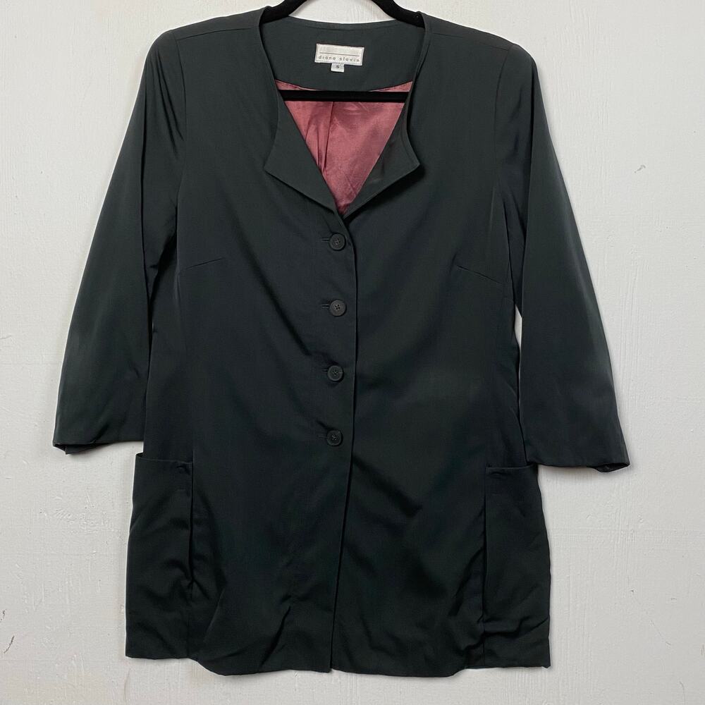 Diana Slavin Black 100% Wool Button Front Blazer Jacket Coat Size Small